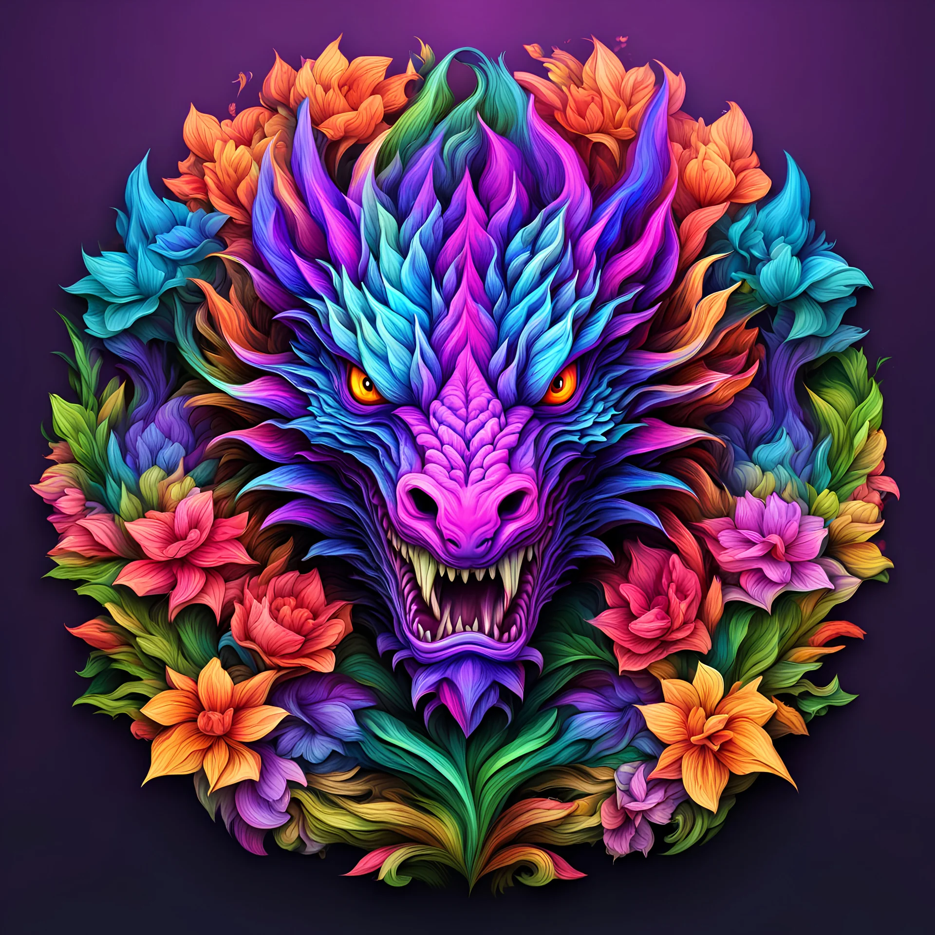 logo design, complex, trippy, bunchy, 3d lighting, 3d, dragon, realistic head, cool rainbow colors, floral, flowers, cut out, modern, symmetrical, center, abstract