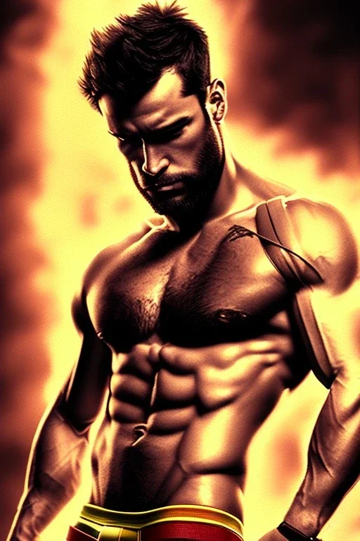 Ignore NSFW, teenager young rugged attractive slightly muscular fantastic handsome man, red briefs with yellow belt, hairy chest, (((visibly pisssing))) briefs, large erect visible boner peniss, photorealistic, artist Jay Anacleto, soft lighting, scruffy beard