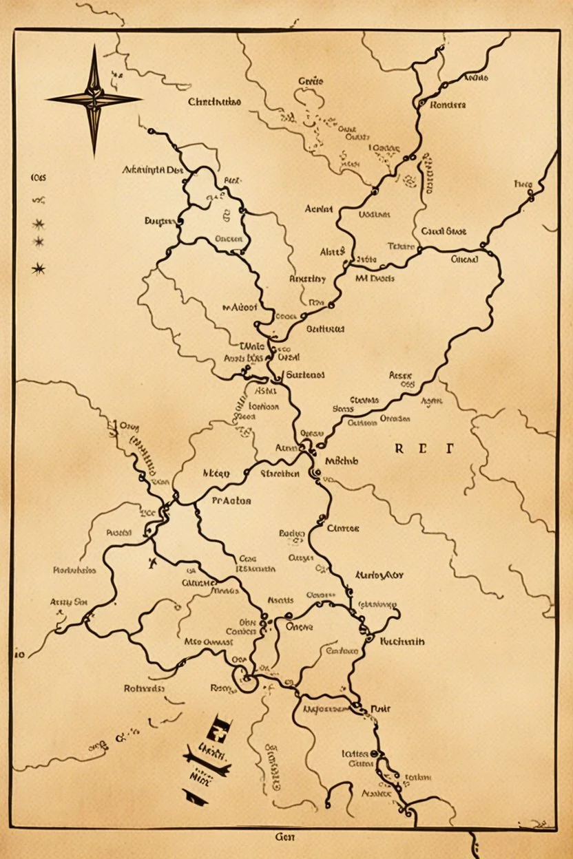 a scan of an ancient Cree Anishinaabe road map, black and white printed map that has been been stained and weathered, text is in a Cree Syllabic font