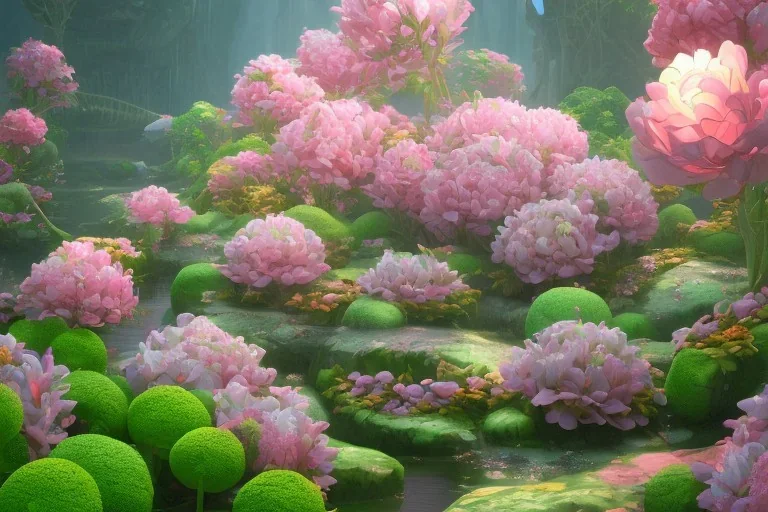 big pink FLOWERS, RIVER RAIN FOREST, trending on artstation, lights unity engine