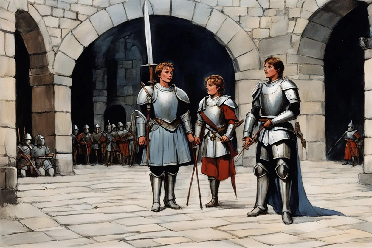 [middle age art by Jason and the Argonauts (1963)] at nightfall: lonely youthful smiling Joan of arc in her armour in the courtyard of the Royal Court in Chinon for an audience with Charles, the King of France at the age of 17. the guards open the gates of the city