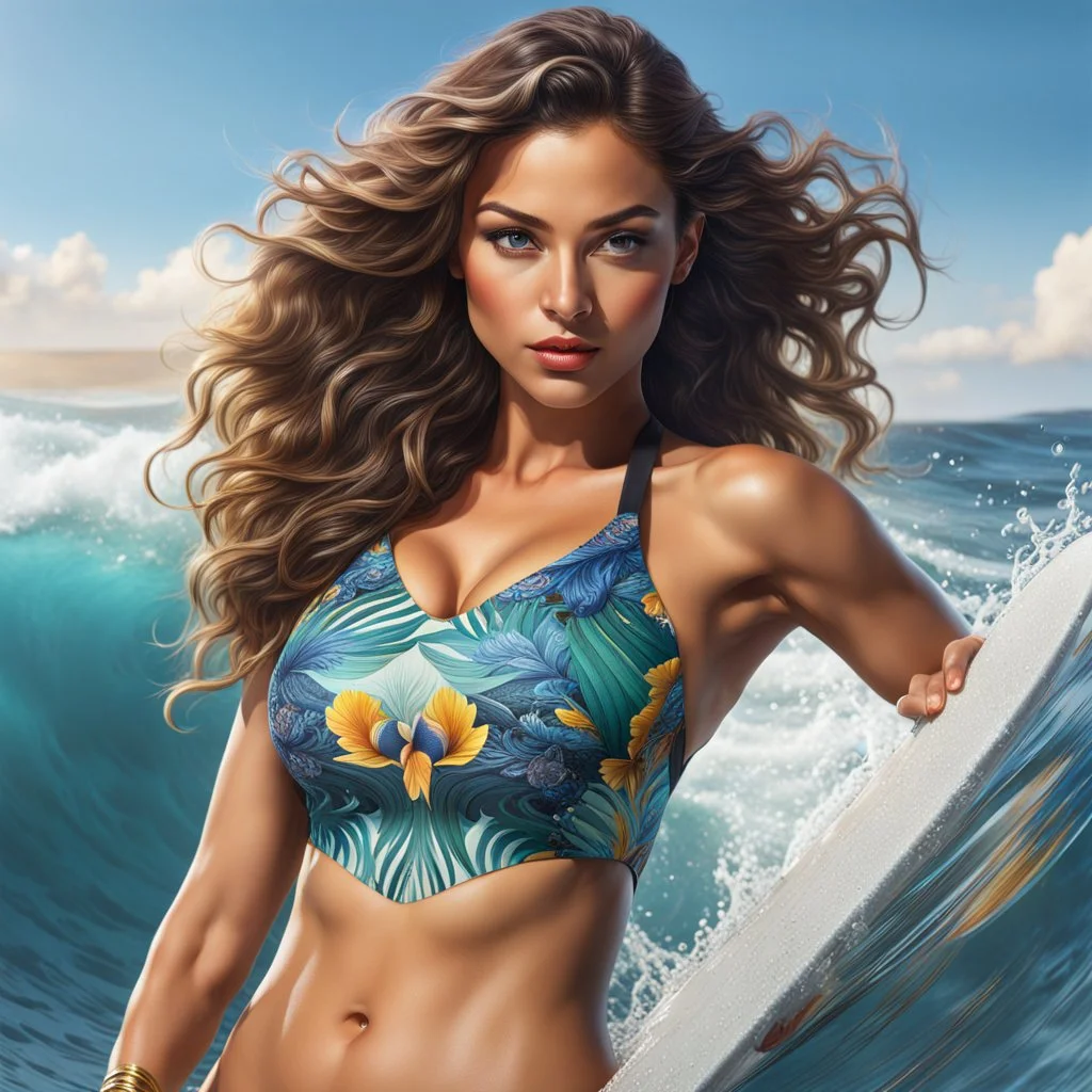 full body of Waist high Portrait of an exotic beautiful woman wearing trendy clothing surfing in nice waves of water, perfect detailed face, detailed symmetric hazel eyes with circular iris, realistic, stunning realistic photograph, 3d render, octane render, intricately detailed, cinematic, trending on artstation, Isometric, Centered hyper realistic cover photo, awesome full color, 12k, high definition, cinematic, neoprene, behance contest winner, portrait feat