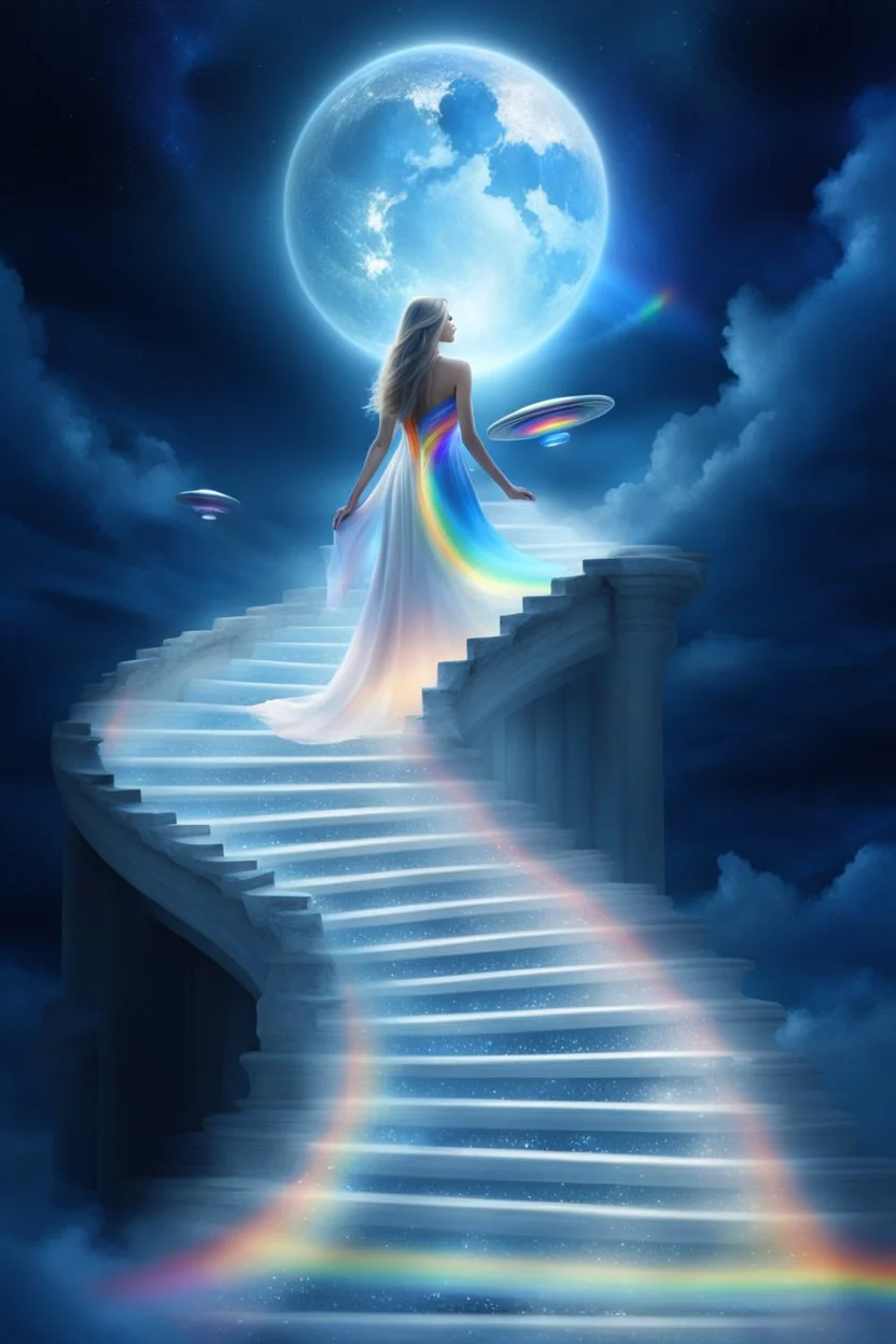 fantastic,Beautiful woman, stairway to heaven whit rainbow, ufos futuriste tres beau