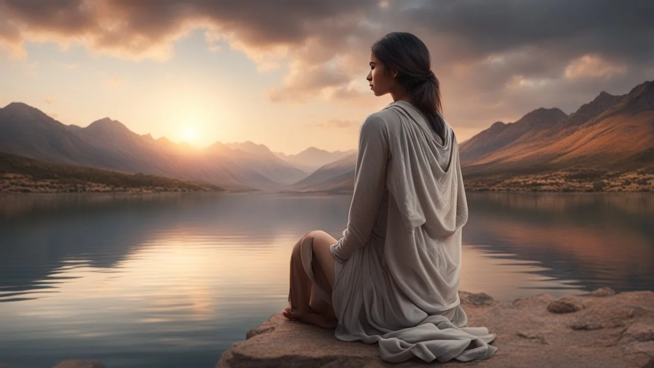 Hyper Realistic Sad Pukhtoon Young-Woman looking at cloudy sunset riverside & mountains at the back