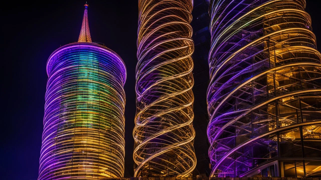 94614, delightful, sensitive, confident, iridescent double helix tower, delicate, nocturnal, architecture, award-winning photograph, beautiful composition, filled with beautiful detail, delicate colour, chiaroscuro