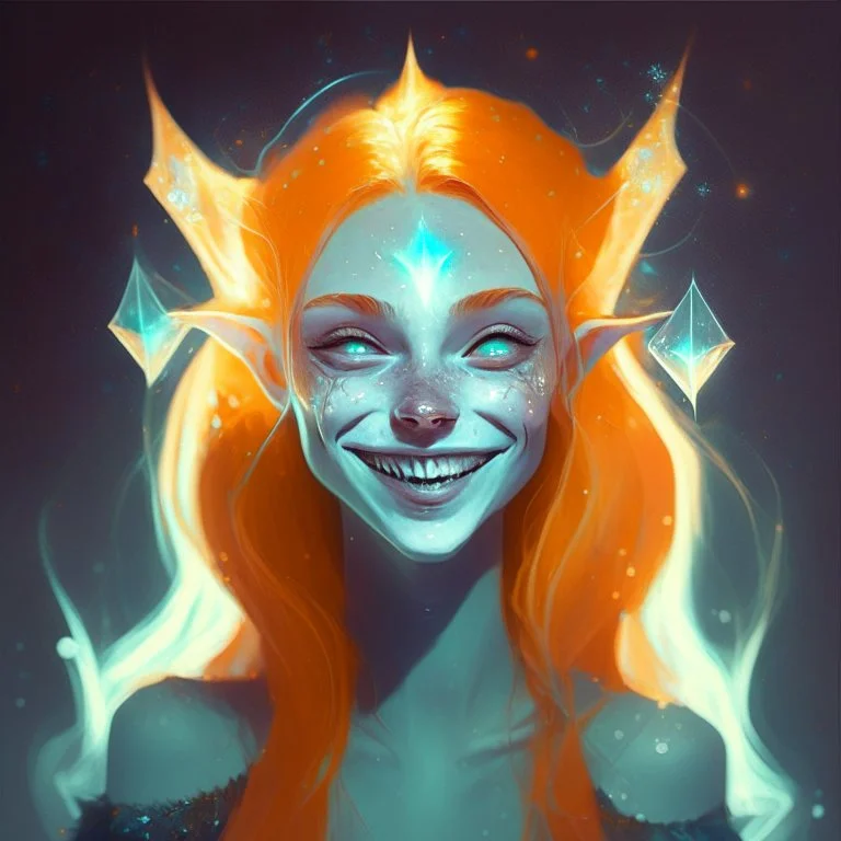 Young Female Pale vampire orange hair smiling pointed ears hologrphic crystal galaxy. Nightmare horror.