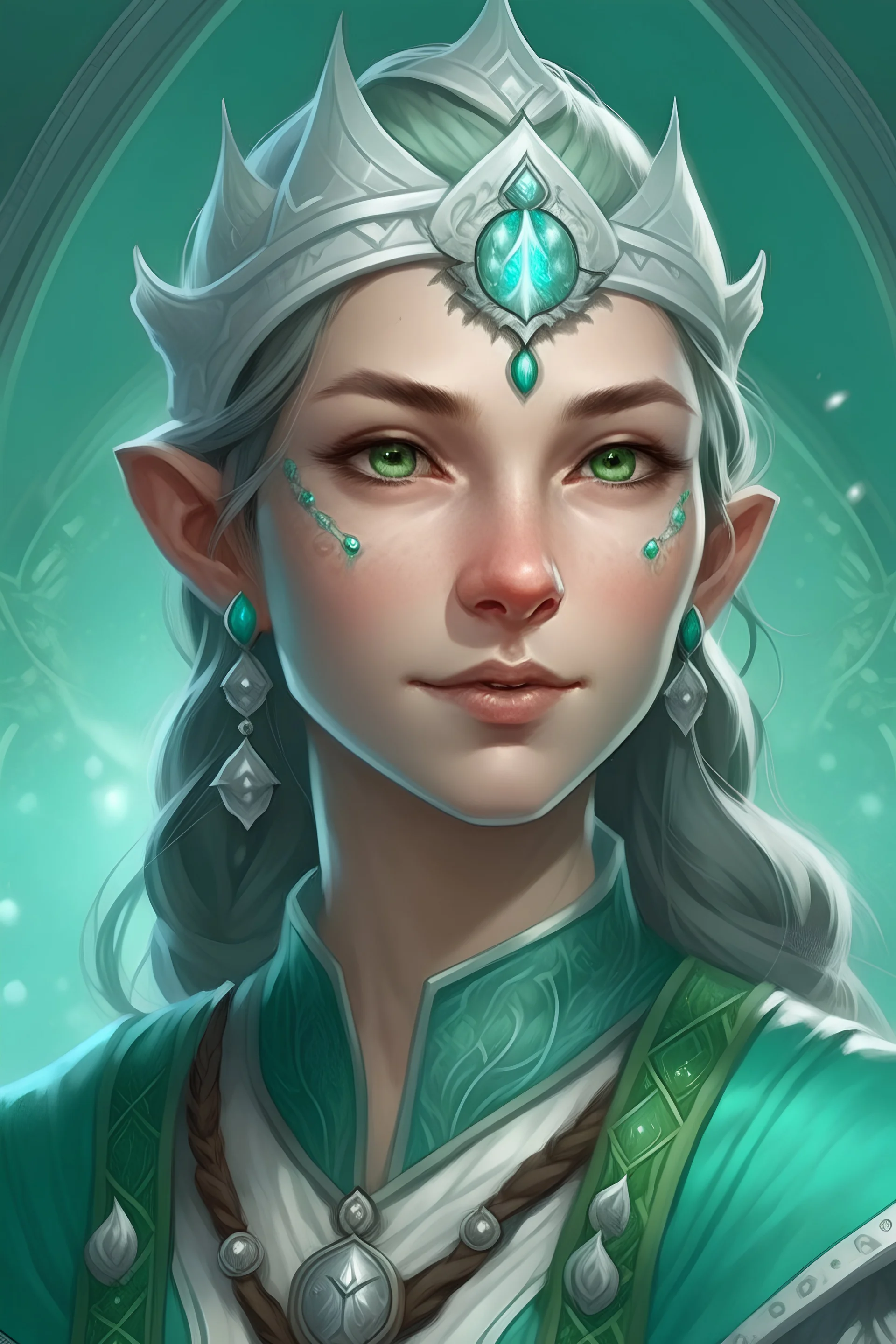 Generate a dungeons and dragons character portrait of the face of a female spring Eladrin. She is a Twilight Cleric who's is dedicated to bringing forth Spring. She looks sweet and approachable. She wears a dainty circlet made of silver coated constellations. Her hair is light green and braided, her skin pale. Her eyes are turquoise.