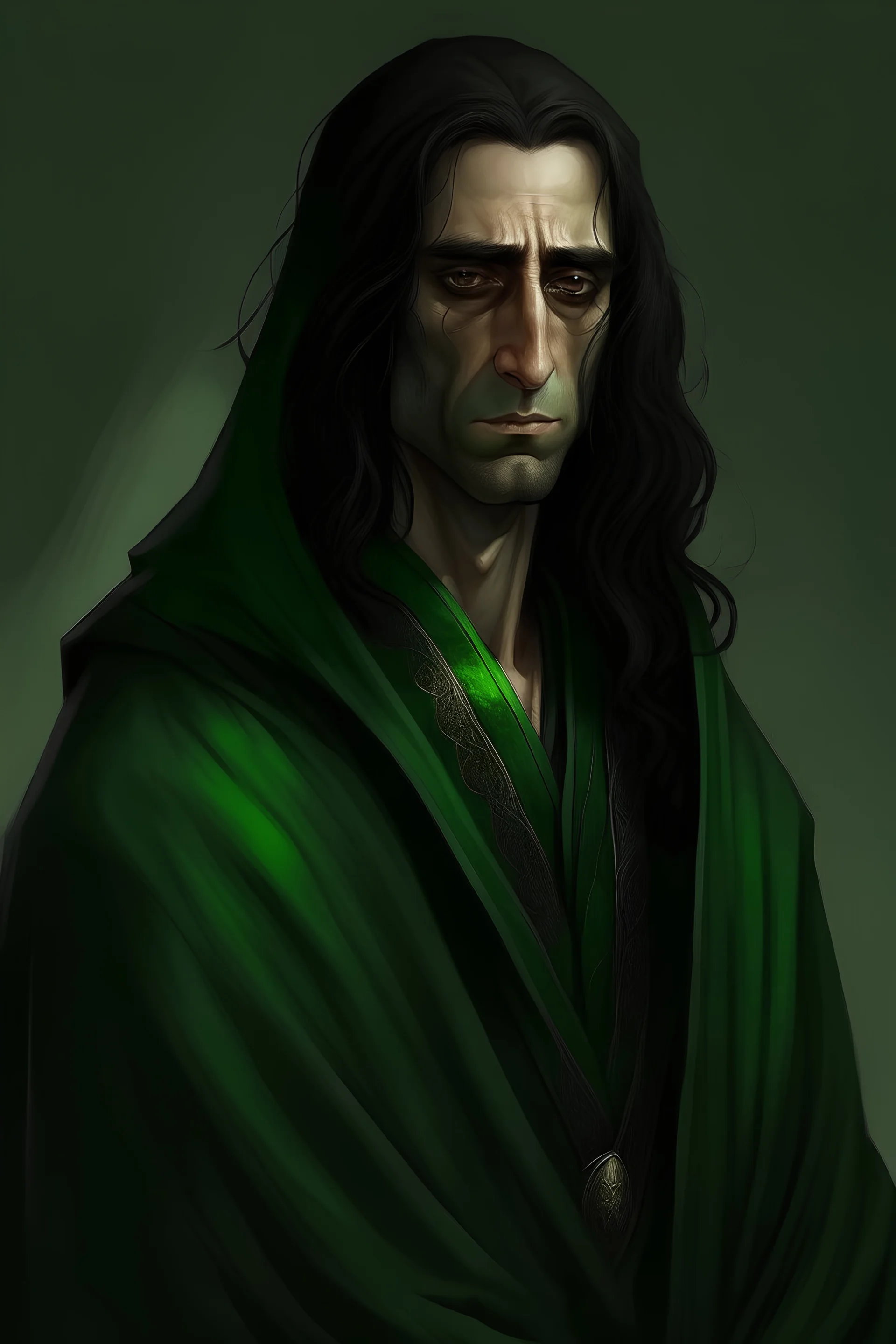 a man in his fourties, brown skin, very long black hair, in a dark green robe, long slim face, green eyes, tired and ill, skinny, realistic epic fantasy stlye