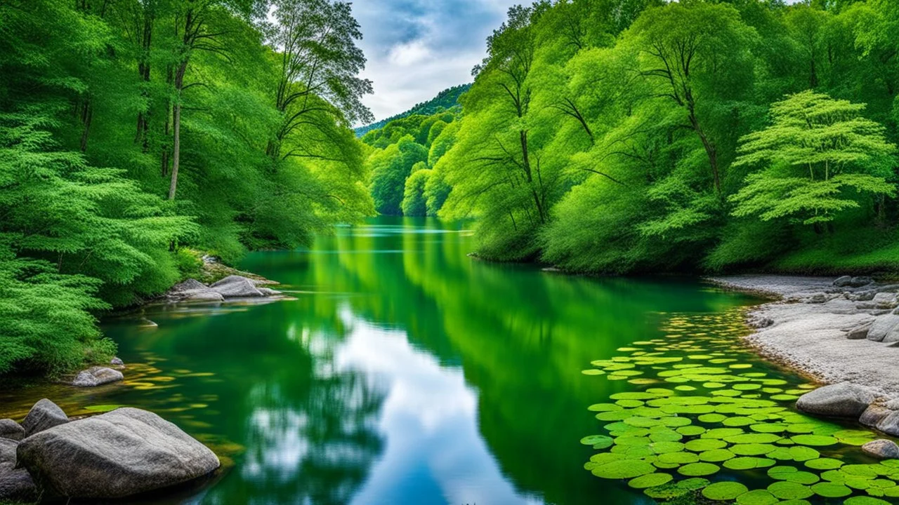 A peaceful scene of a river flowing through a lush, green forest. The water is calm, and the surrounding trees and bushes create a picturesque, natural environmen.