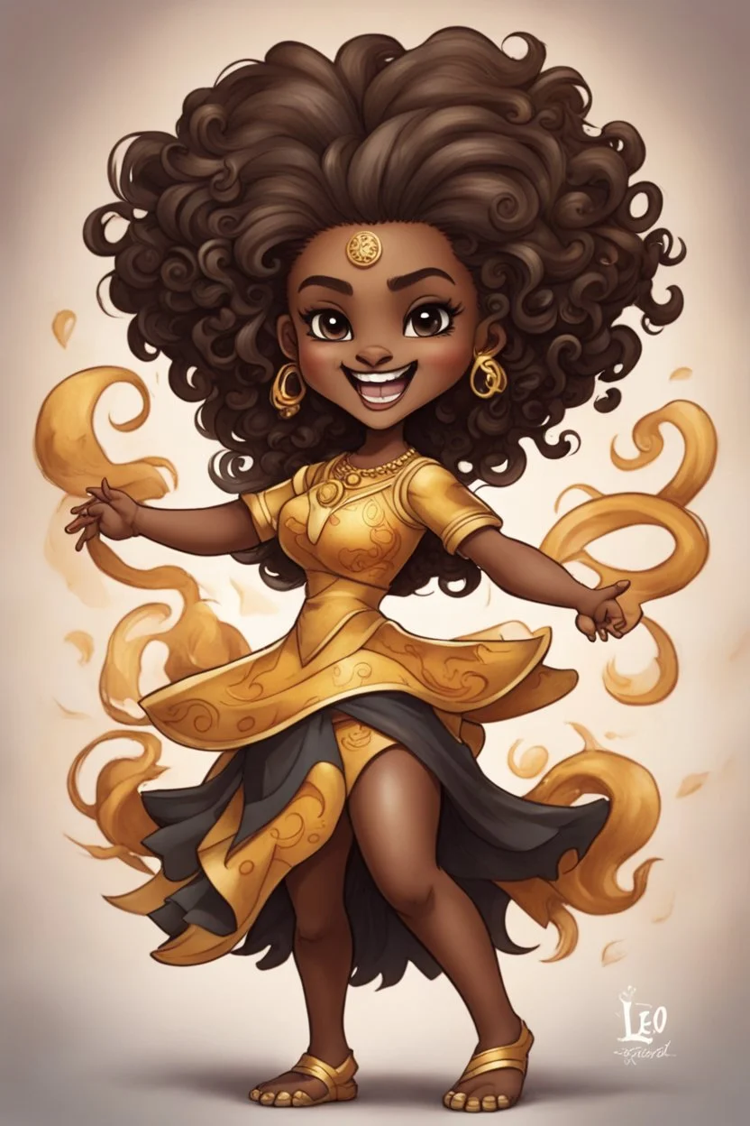 A fearless curvy dark-skinned airbrushed chibi swishes her lion tail excitedly, wearing a dress decorated with the Leo astrology symbol. With mane-like hair wild with curls, she smiles wide, showing off fangs. She stands arms and legs spread, steadfast as a lioness, demonstrating Leo courage and leadership.