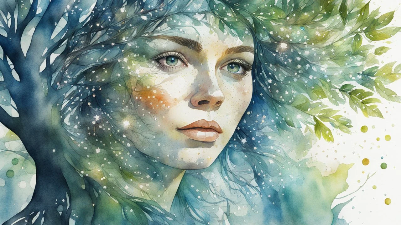 watercolor, woman - tree, glare, sparkles, clear lines, detail, fine drawing, high resolution, 64K, photorealism, precise focus, double exposure, fantasy,