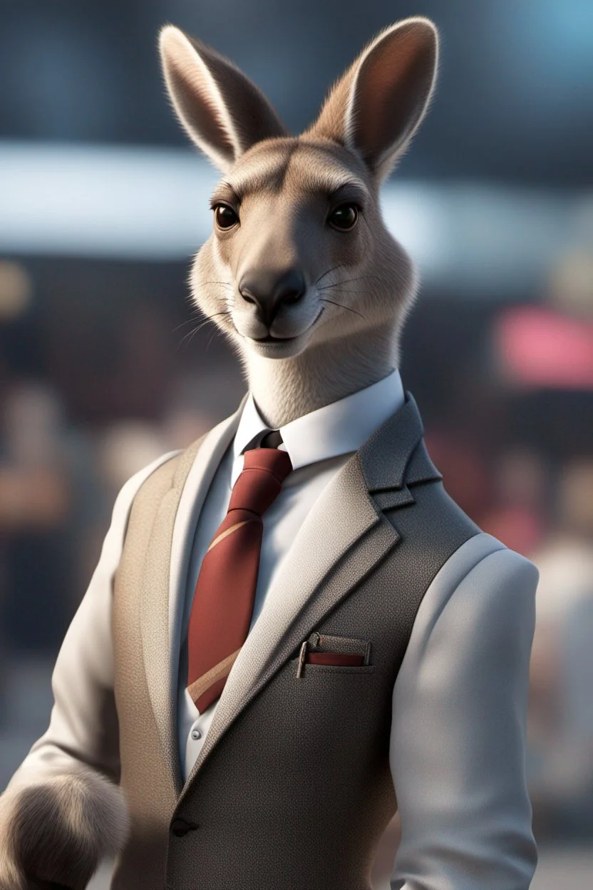 Anthropomorphic kangaroo with a hyper-realistic 8K suit and tie