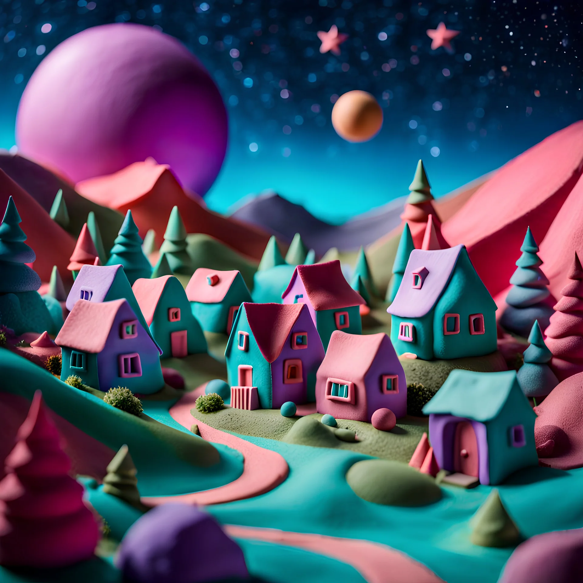 Odd dada village made of modeling clay, odd, casual houses, block colours, surreal landscape, pastel colours, sharp, colorful, stars and planets, bokeh, 8k, highly detailed, large format film, medium format film, shot on Hasselblad