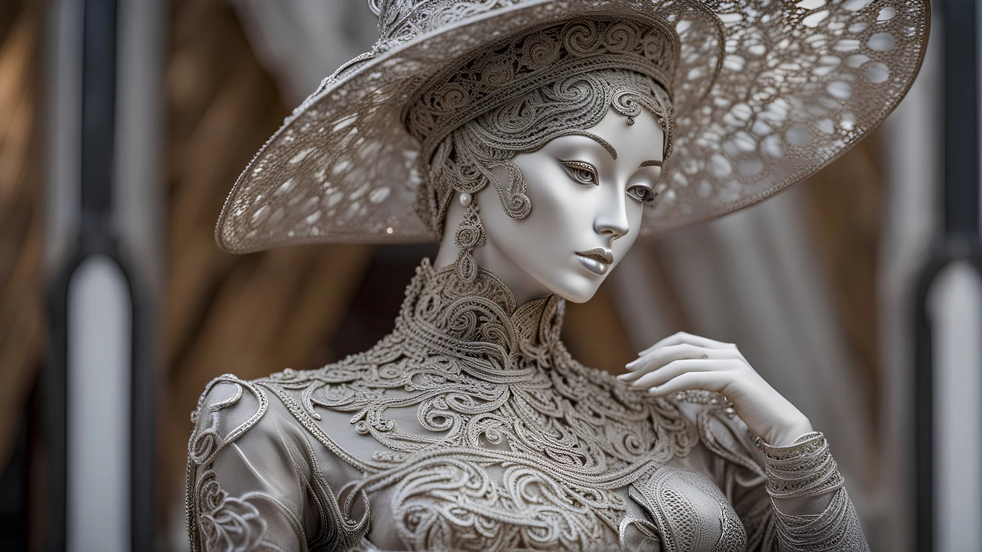 a hollow female figure in made of silver metal lace long renessince dress with hat, hollow metal statue, upscale, stunning, masterpiece, perfect lights, intricately detailed, sharp focus, cinematic