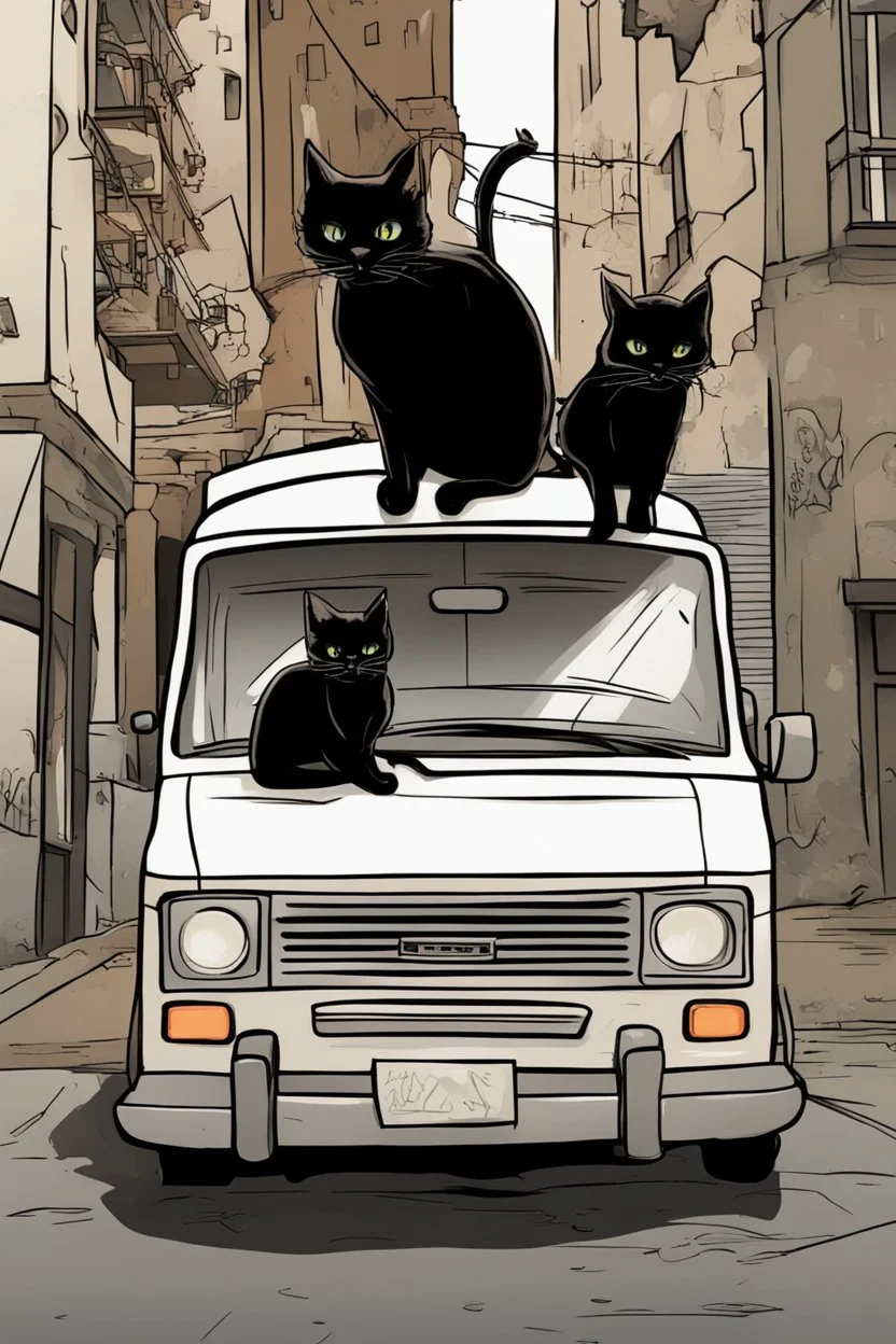 graffiti style, dark colors, two boys and a girl 15 years old, brown hair, black cats, old town, white van in background