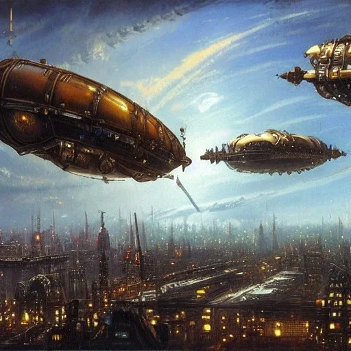 Steampunk scene of futuristic Victoria, fantasy airships flying over Manhattan in a cloudy sky,Giant sci-fi super-panzer in the style of John Berkey