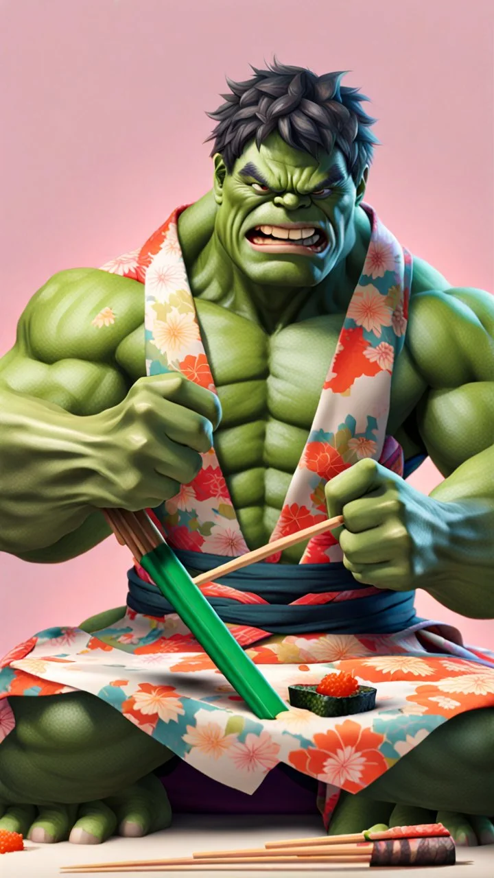 a hulk eating sushi with chopsticks, wearing a colorful kimono, 8k