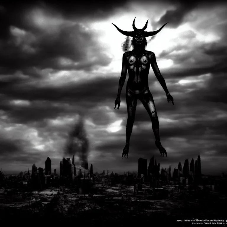 A portrait post-apocalypse of Baphomet ,sin city,sci-fi fantasy style, volumetric lighting, particales,highly detailed,cinamatic,8k,3D,fire,black, deep colours,ignore NSFW , realistic, sharp,ethereal , transgender ,beauty , ghost , spirit ,cooking, paranormal,sky,clouds,universe,hell,demon,exorcism,pyramid,ring pass not,X-files,