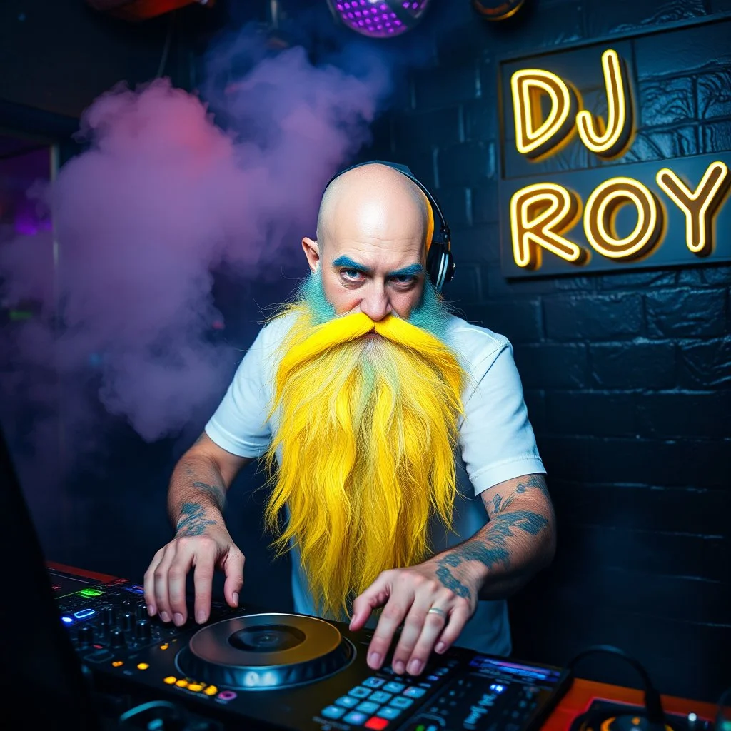 A DJ performing at dance club, his name DJ ROY and looks crazy, bald with crazy blue yellow beard. Neon lights and smog, DJ ROY SIGN ON WALL