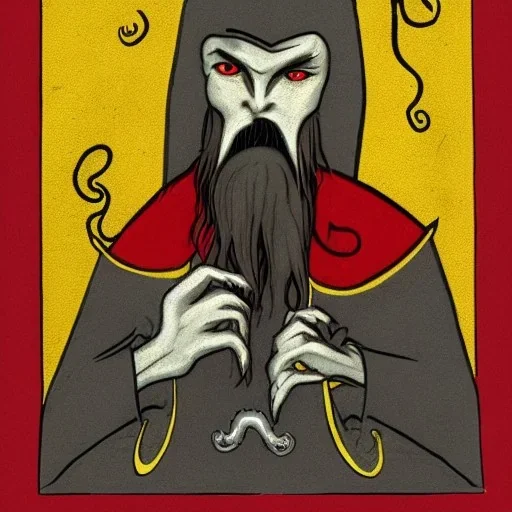 Vampire with yellow eyes with Cthulhu tentacle beard grey skin and vampire fangs and vampire bat nose as a Russian Orthodox