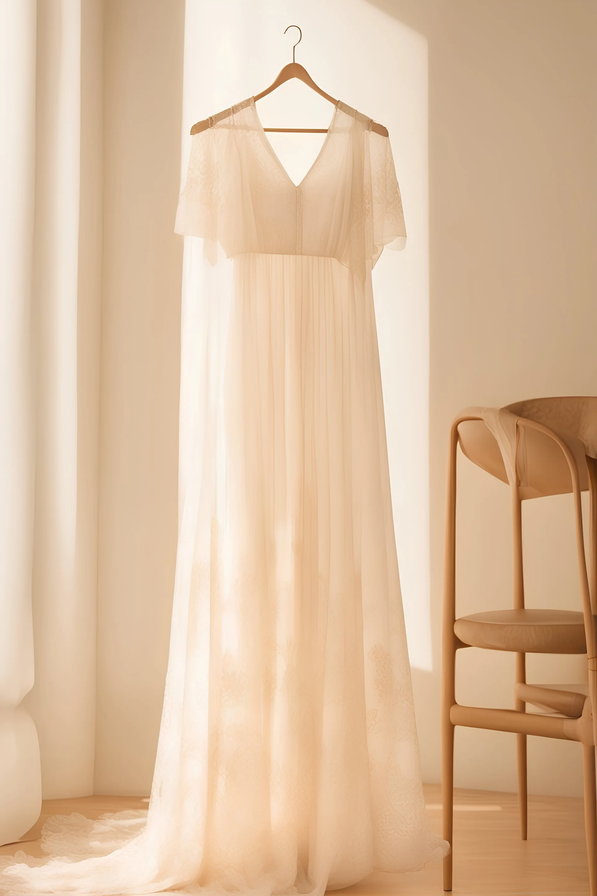 "Describe an image of a long, white, sheer dress with laces hanging on a hanger against a beige background."