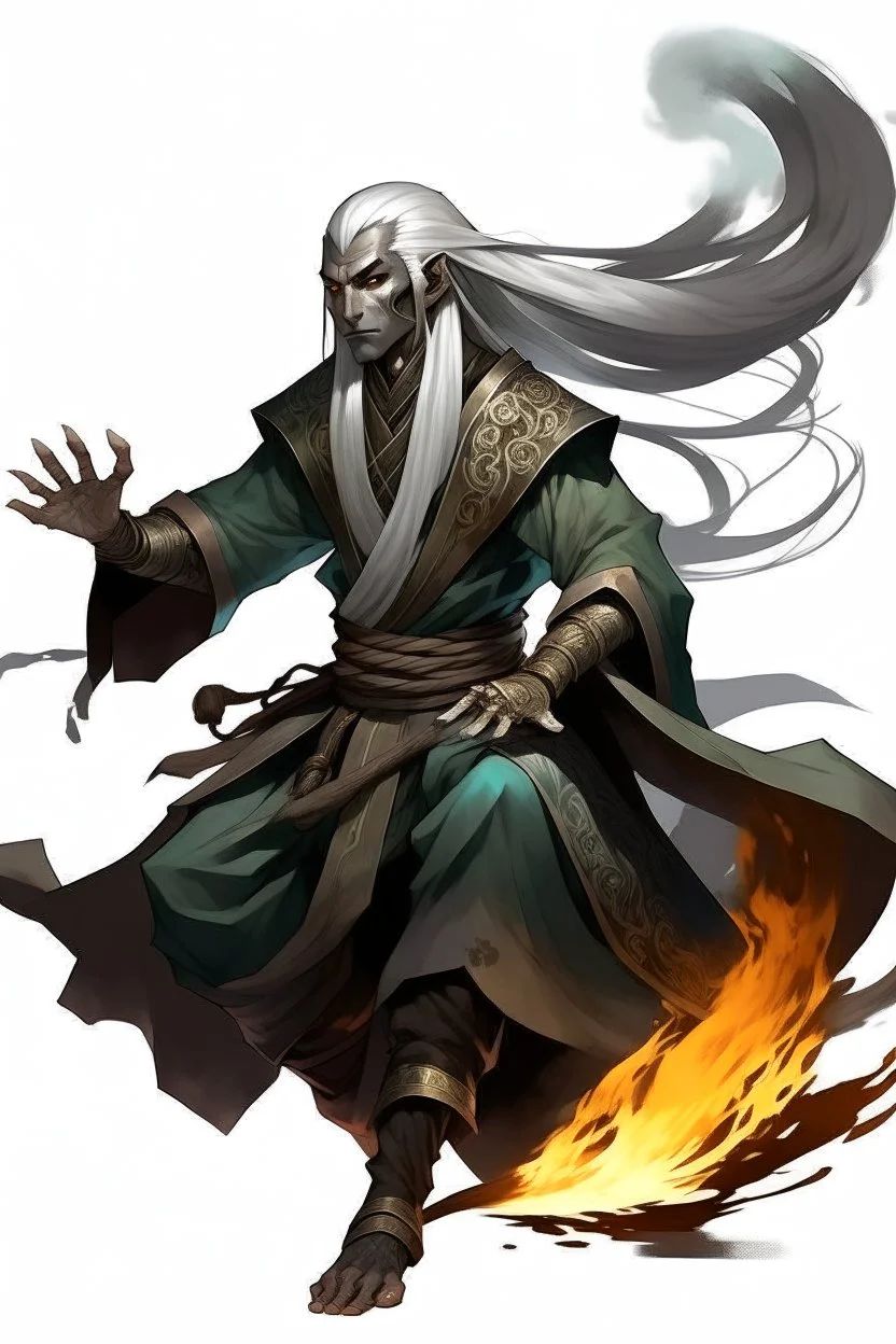 Air genasi from dnd with ashesen skin and asian flowing hair herematerial smoke Monk attire with ash giant Black Smoke Some hair Which Moke around him