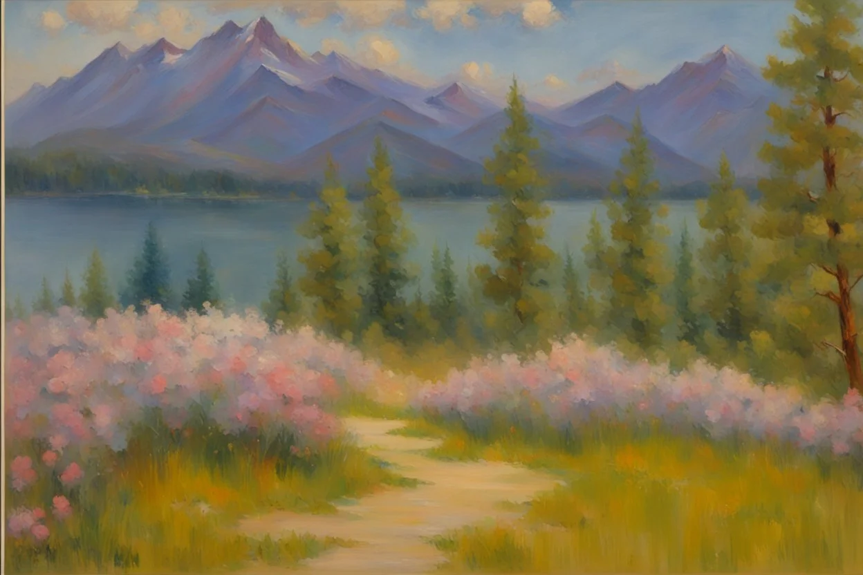 Mountains, lake, flowers, pathway, pine trees, clouds, otto pippel impressionism painting