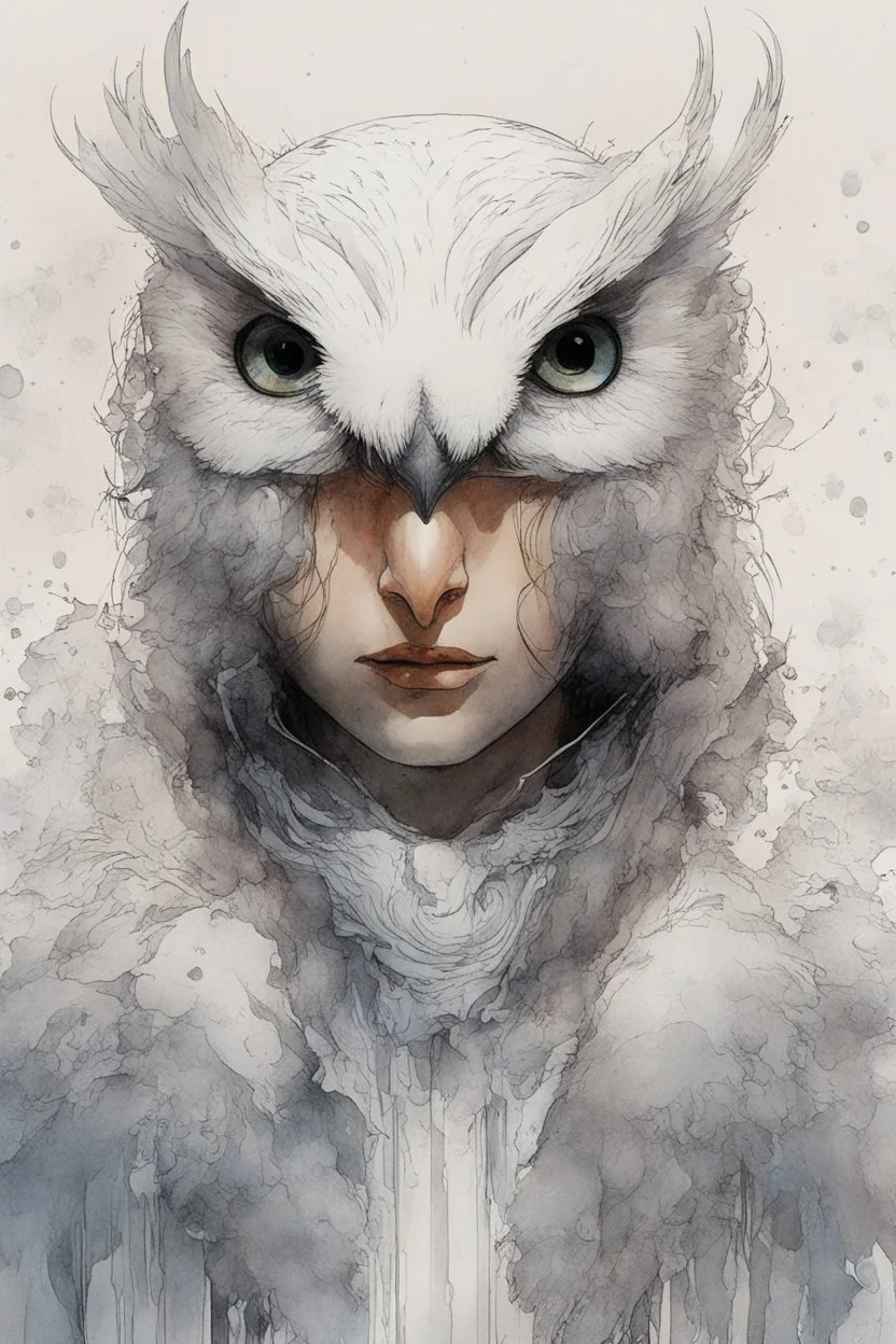 ink wash and watercolor illustration of a hybrid Snowy Owl girl with highly detailed feathers and facial features in the comic book style of Bill Sienkiewicz and Jean Giraud Moebius, with a fine art aesthetic, highly detailed , 4k UHD cinegraphic quality