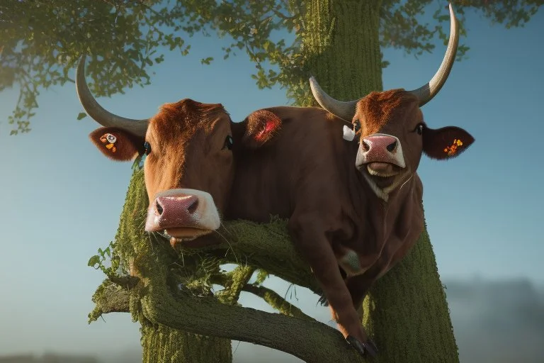 cow stuck in the top of a tree can not get down