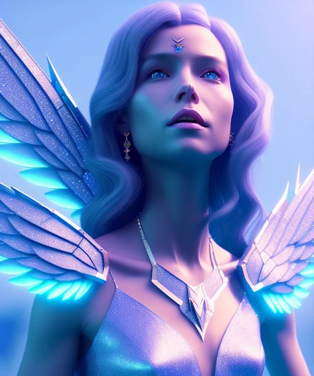 A crystalised queen, atmospheric, realistic, unreal engine, cinematic lighting, octane render. blue, pink, transparency, light, shine,bright, full body, transparent wings, blonde, long hair, nice smile