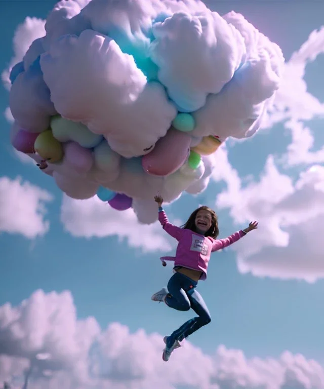 Ultra realistic clouds sky scene, medium shot view, portrait, sweet Childs, free jumping flying, trinkets, monster hair, jelly beans, balls, smile, happy, Wes Anderson style, inflatable color clothing, extreme, wind, clouds sea, 20,000 feet altitude, stratosphere, soft color, highly detailed, unreal engine 5, ray tracing, RTX, lumen lighting, ultra detail, volumetric lighting, 3d, finely drawn, high definition, high resolution.