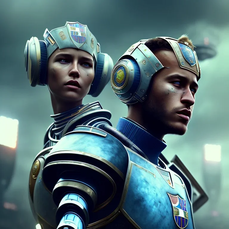 portrait,neymar robot, wearing valkyria, post-apocalyptic in a football stadium, realistic, intriacte detail, sci-fi fantasy style, volumetric lighting, particales,highly detailed,cinamatic, deep colours,8k