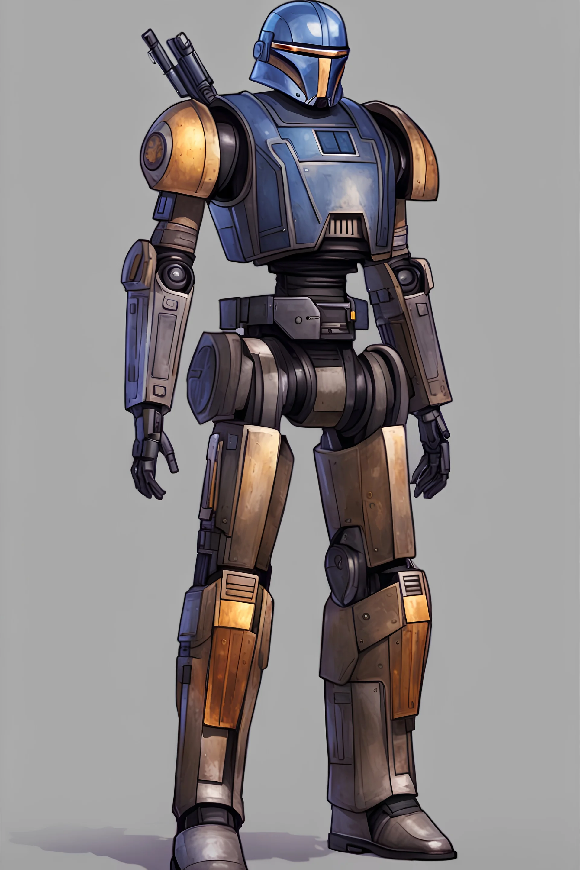 A Star Wars Combat Droid, Wearing Western Cowboy Clothes, Armor looks similar to Halo, Wearing a cowboy hat and a cowboy over coat.