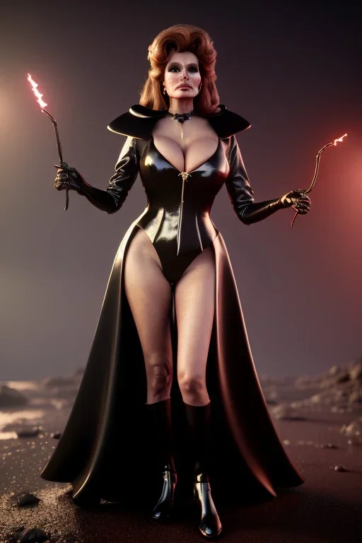 Raquel Welch as evil queen in black leather gown, angry, busty, curvey, cleavage, unreal 5, octane render, cinema4d, dynamic lighting, dramatic lighting, 4k, redshift render, highly detailed, hyper realistic