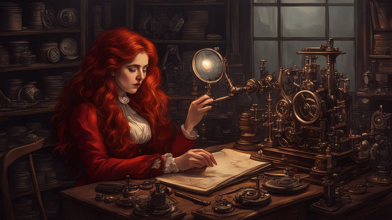 Victorian red long hair woman leaning over a desk, working on a tiny clockwork machine, while looking through a magnifying glass, in a dark laboratory, full of devices and machines