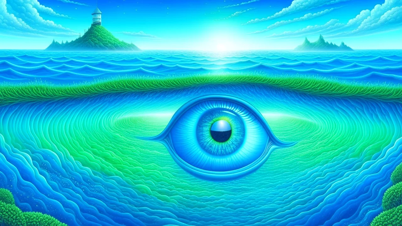 fantasy illustration of a beautiful pacific ocean, blue colors with big green eyes