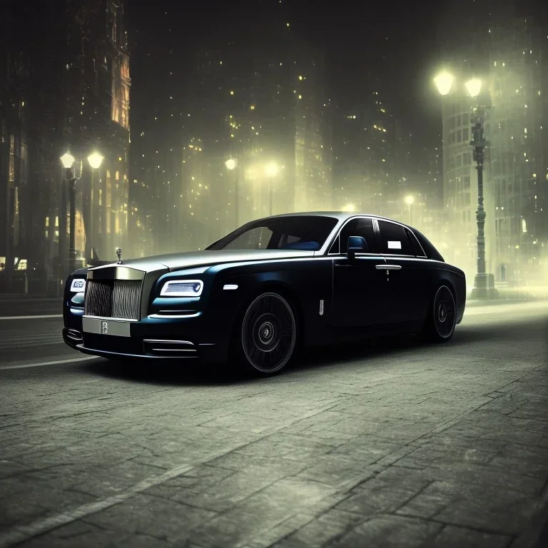 matte black rolls royce under a city street light during the night in a big city