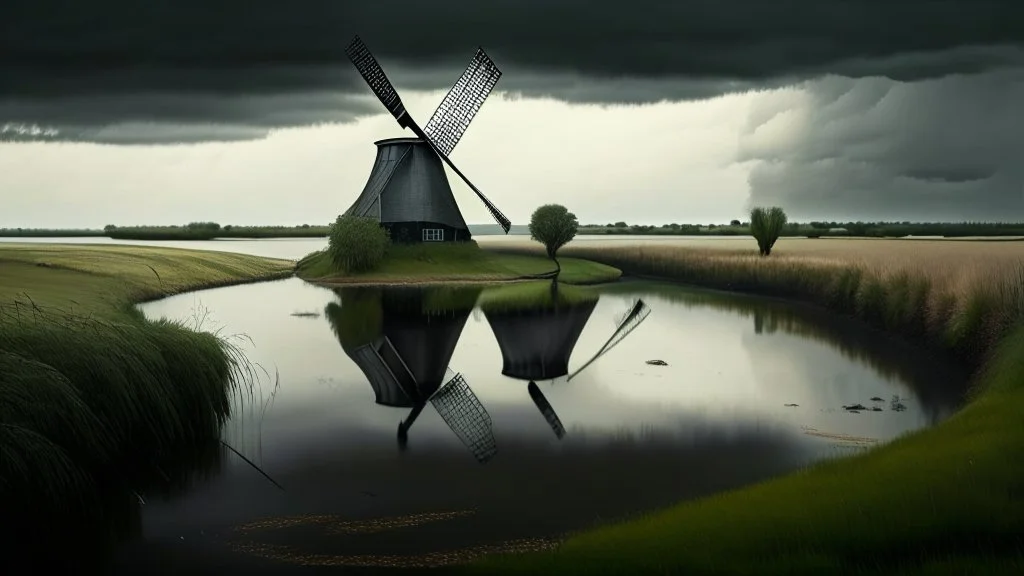 A black windmill with four sails reflected in a calm river, surrounded by a grassy field and a row of trees under an overcast sky