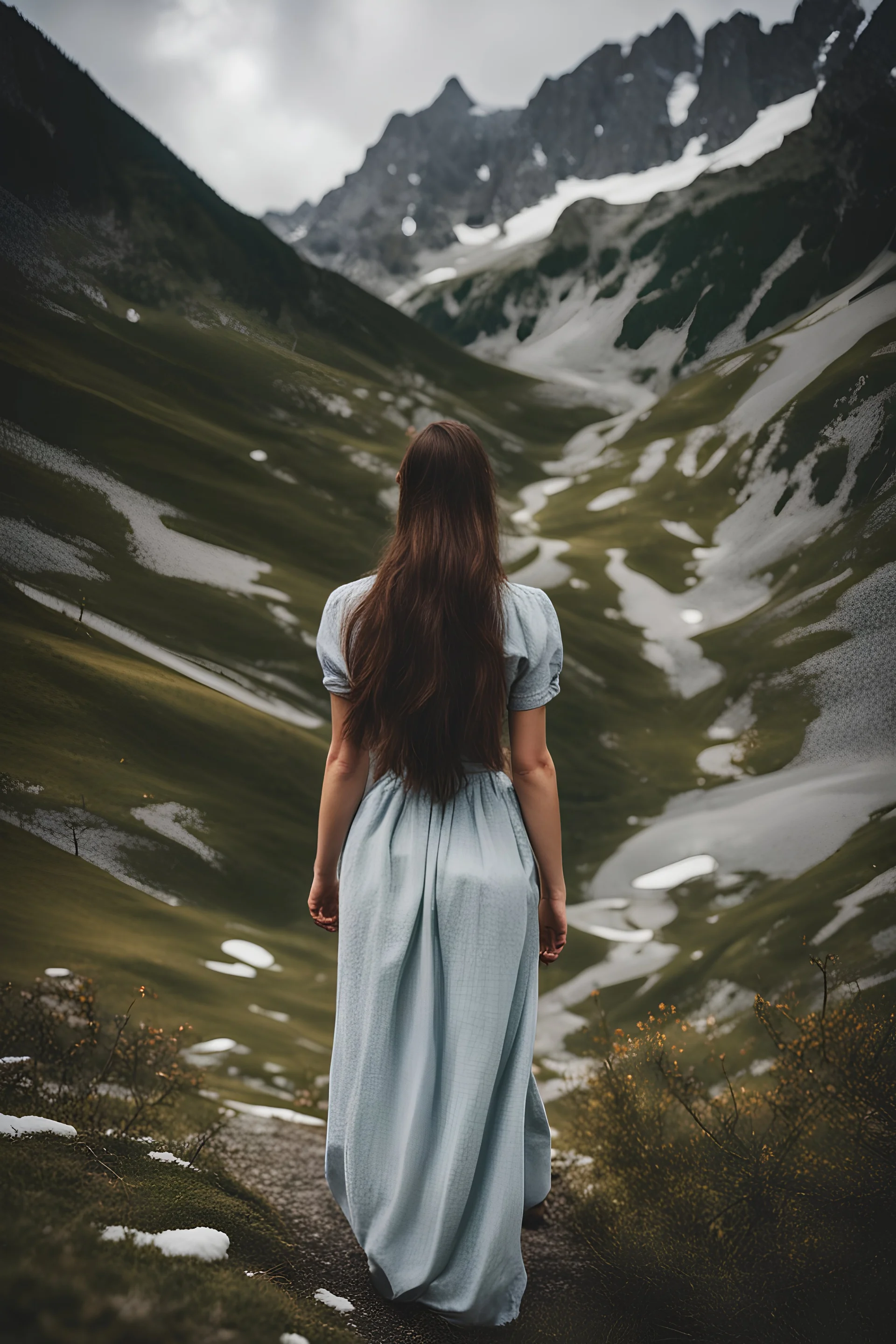 A young brunette woman in the alps. Her back is to the camera