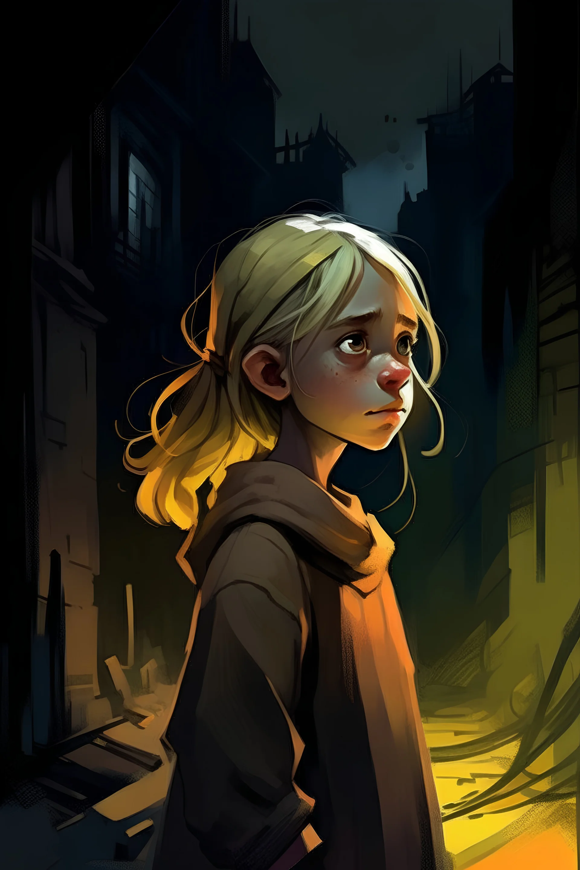 an artistic rough brush-painted cartoony night-time, indoor, waist-high portrait, in the style of Disco Elysium and inspired by the style of Terry Wei, of a Nordic Viking Victorian girl with deep-set eyes, aged 9, with blonde hair, standing in the shadows and looking off in the distance, in Terry Wei style, in the Dishonored style, with vibrant colours and dramatic lighting and a rough digital painterly finish, ar3:5 --v 5