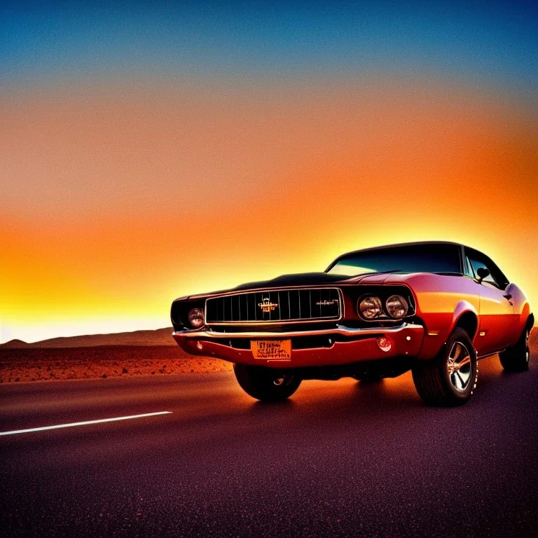 muscle car, desert road, sunset, full colour,