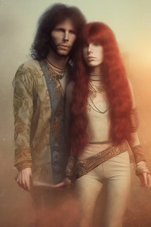 Jim Morrison and Pamela Courson ,music, ignoreNSFW, watermark, bohemian style , blurry,beautiful,elegant,roses, fantasy