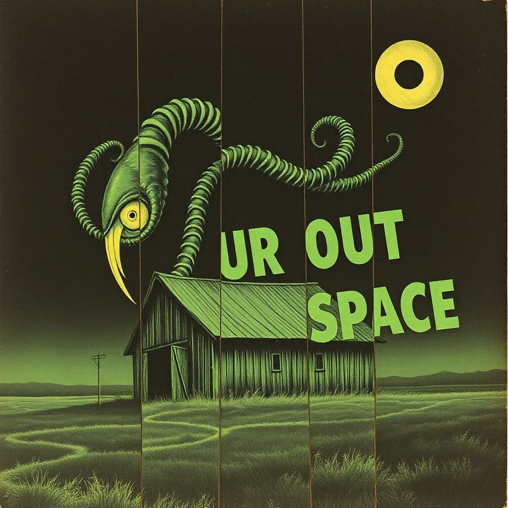 gnarly cosmic horror illustration from golden age of Weird Tales by Bill Elder, faded colors, dark negative space, TEXT "COLOUR OUT OF SPACE" in vintage block font, surreal, nihilistic, segmented separated lovecraftian glowing eye tentacle corruption on small barn, meandering offset coherence across multiple diagonal offset separated panels, minimalism, foreboding photo negative prismatic spray, Eldritch atmosphere
