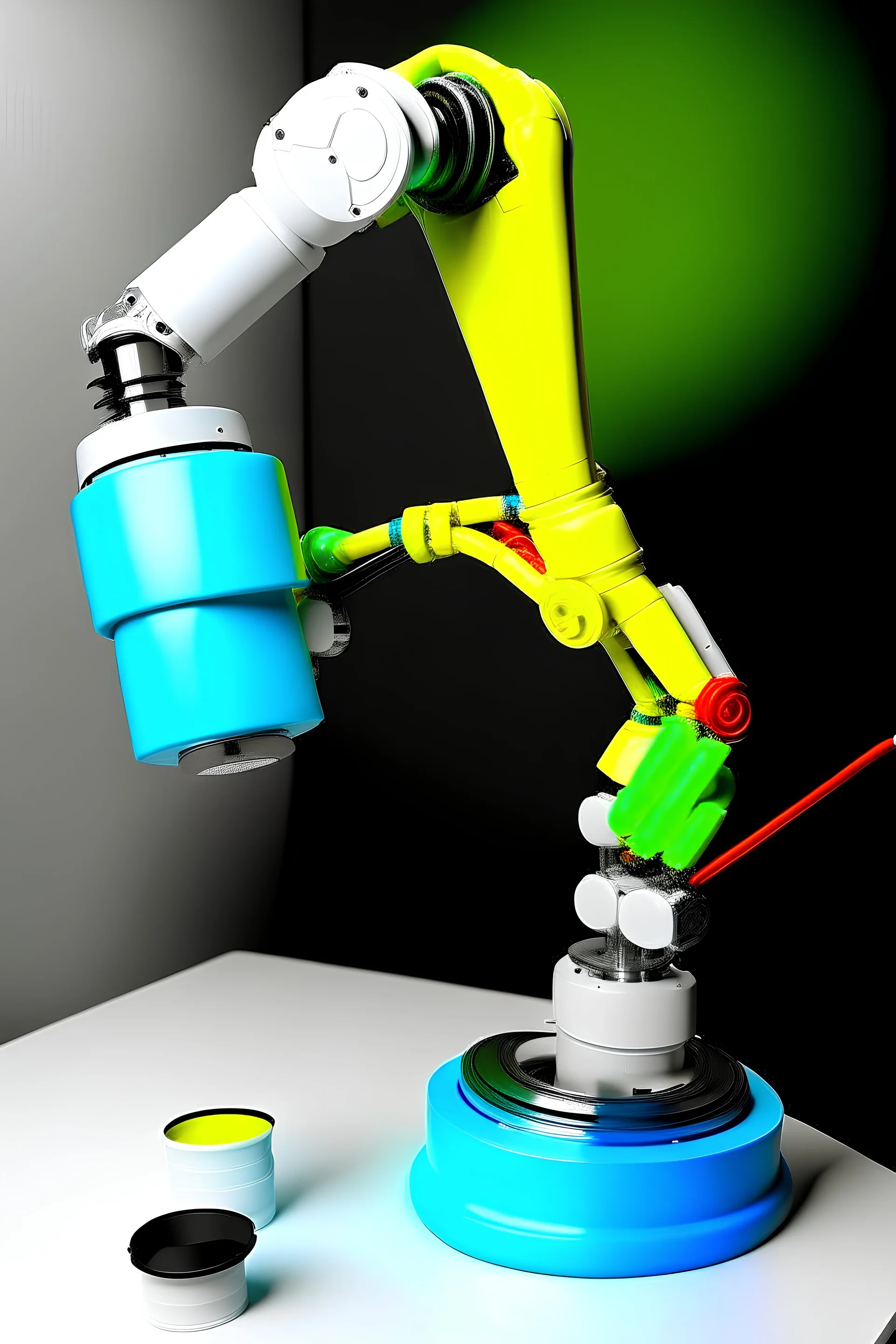 Draw a colorful cover image. What it's about is flexible link robotic arm with flexible joints that are drawing a three-dimensional model. Only display flexible robotic arms. The color of the robotic arm structure should be rich