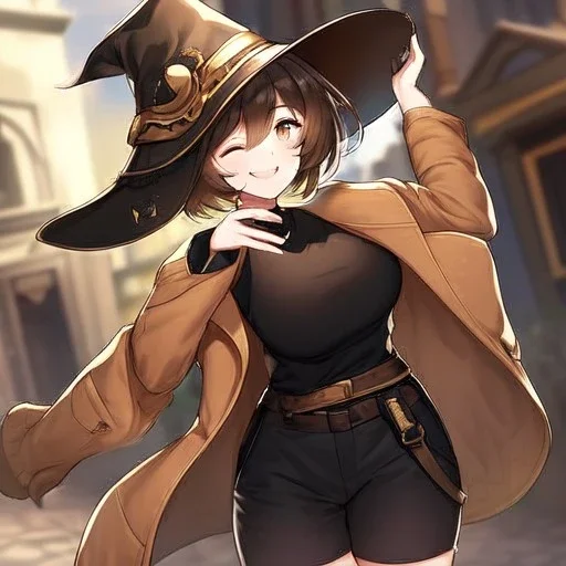 Clear focus, High resolution, short brown spiky hair, hair between eyes, eyes closed, wearing a brown detective hat, wearing a brown jacket and a black shirt, wearing black shorts, 1girl, pulling hat down, smiling