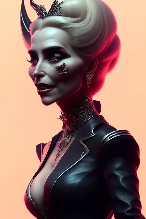 Constance Langdon as evil queen in black leather, leather, busty, cleavage, angry, stern look. character design by cory loftis, fenghua zhong, ryohei hase, ismail inceoglu and ruan jia. unreal engine 5, artistic lighting, highly detailed, photorealistic, fantasy