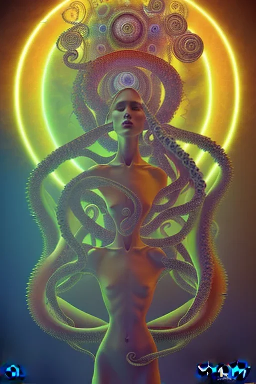 Spiritual being with Tentacles over human Head creating reality around, wrapping Spiral around Human, Psychedelic