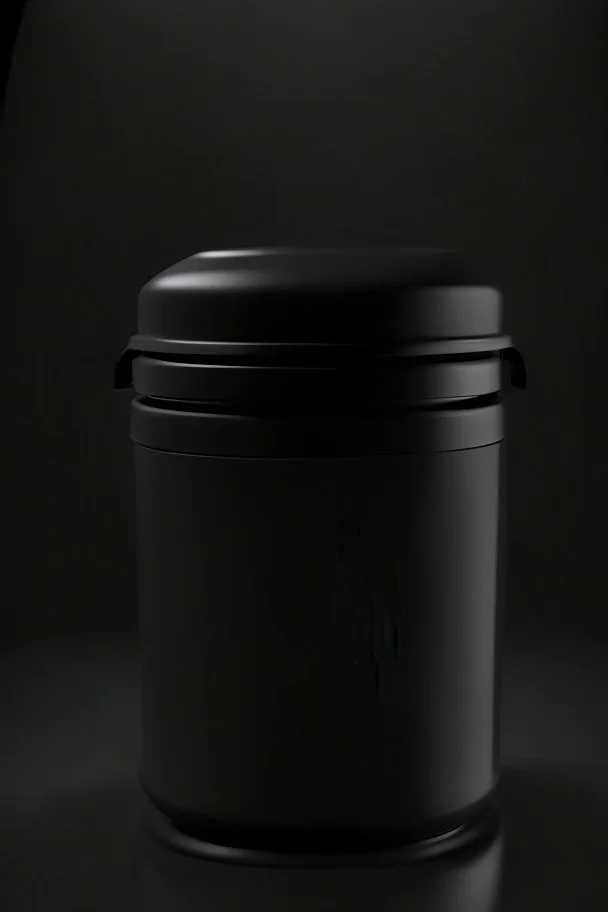 black container, plastic, realism, with screw lid, no labels, round container, view from the front, protein powder, dark studio setting, black background, large container, lid not fully screwed on