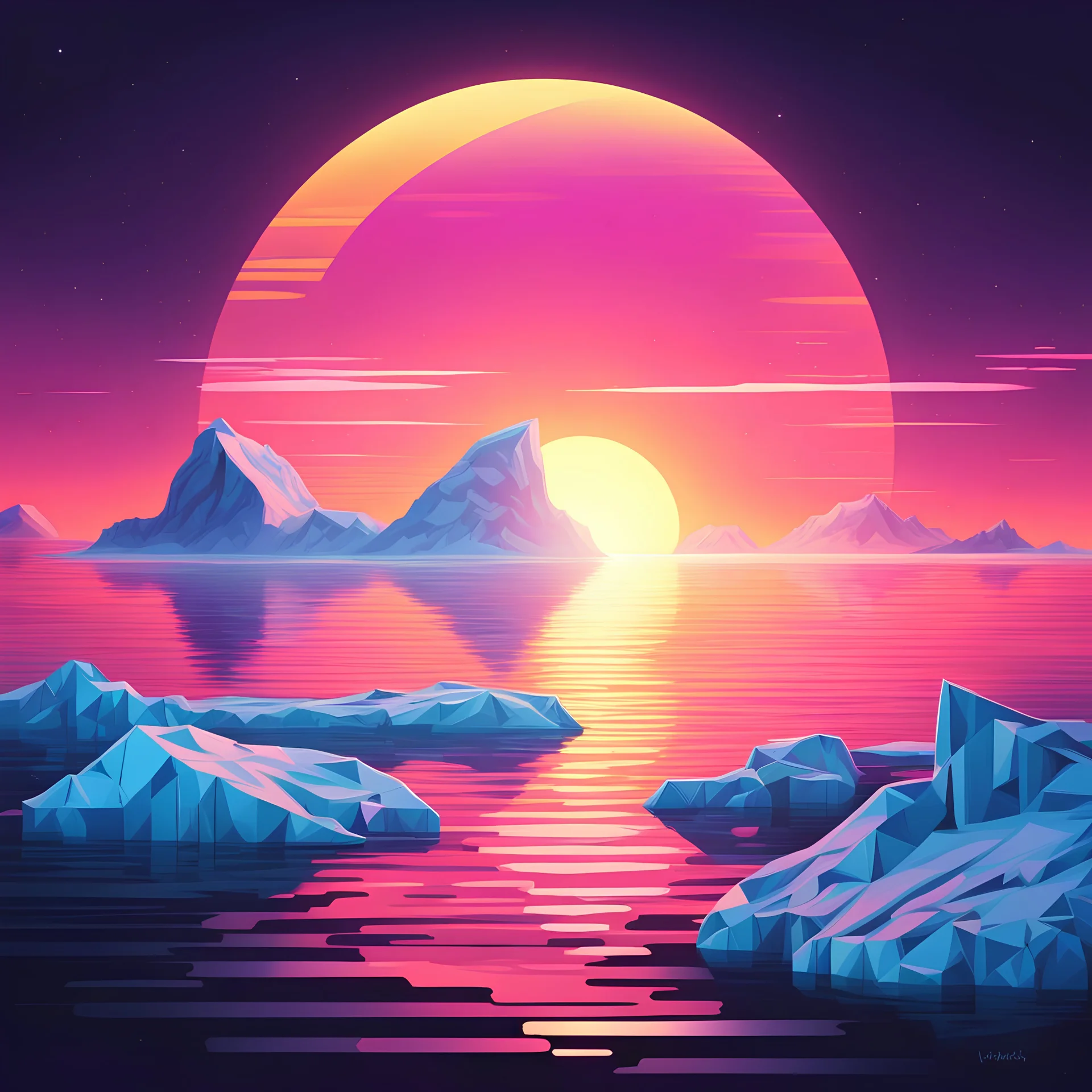 arctic with iceberg, synthwave picture style with light pixel, the sunset on the horizon, with a big pixelated sun and a half moon