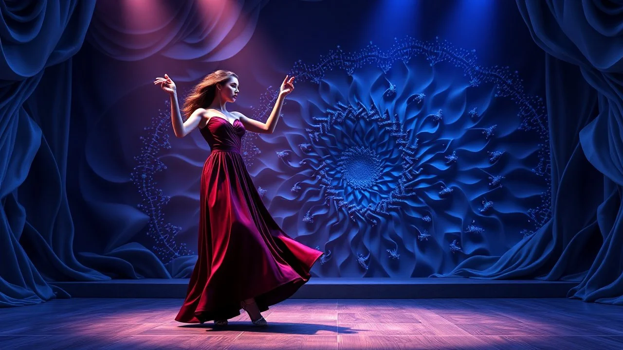 modern stage with gray-blue theme artistic decoration , color full dynamic lighting, a beautiful lady in modern maxy dark purple red dress with shining silver jwells dancing, 3D recursive fractal structure animating background